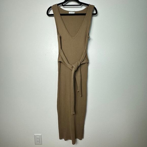 Good American Dress Belted Body Midi Ribbed Knit Stretch Taupe Tan Brown 3 L - Picture 3 of 10